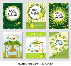 Happy Sukkot set of flyers or posters. Sukkot collection of templates for your design greeting cards and more. Vector illustration