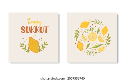 Happy Sukkot set of greeting card for Jewish traditional holiday isolated on white background. Hand lettering. Doodle style vector illustration of Etrog (citron), arava (willow), hadas(myrtle), lulav.