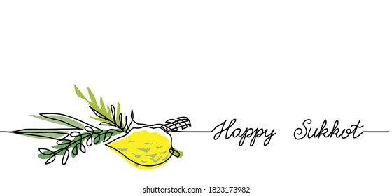Happy Sukkot simple web banner, background.One continuous line drawing of lemon and green brunches with text Happy Sukkot.