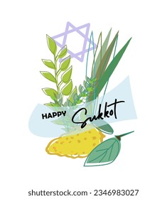 Happy Sukkot template poster, banner. Jewish holiday huts template for greeting card with etrog, lulav, Arava, Hadas. Isolated on white background. Vector illustration