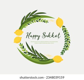 Happy Sukkot- template poster, banner. Four species- traditional symbol. Jewish Feast of Tabernacles with sukkah, lemon, etrog, lulav, Arava, Hadas. Vector illustration.