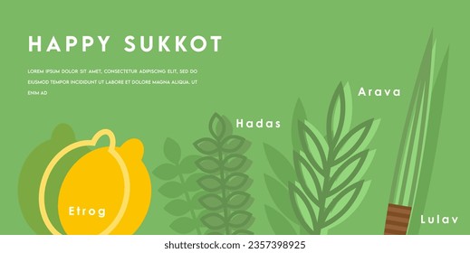 Happy Sukkot- template poster, banner. Jewish Feast of Tabernacles with sukkah, lemon, etrog, lulav, Arava, Hadas. Isolated on white background. Vector illustration.