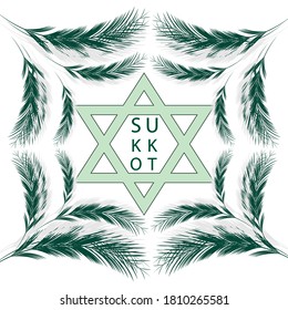 Happy Sukkot vector illustration frame with green leaves and israel star symbol background.
