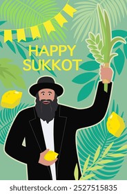 Happy Sukkot vector illustration. Hasidic man. Greeting card jewish holiday 