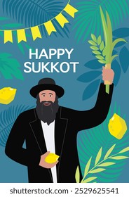 Ilustração vetorial de Sucot feliz. Homem hassídico