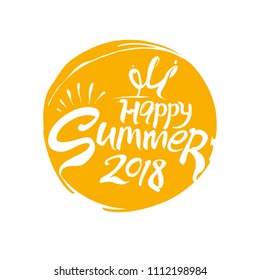 Happy Summer 2018 and crown and sun rays yellow vector logo. Round template for design