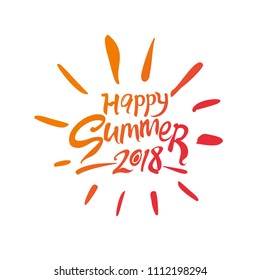 Happy Summer 2018. Seasonal logo in the shape of the sun. Flat vector lettering template and rays of the sun.