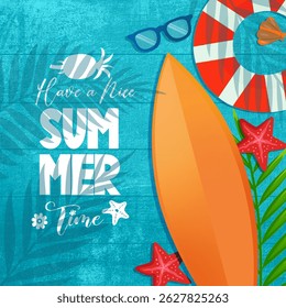 Happy Summer 2025 illustration design with beach holiday illustration and summer elements – ideal for  summer 2025 greeting cards, banners, promo, sale, flyer, social media post or web graphics.