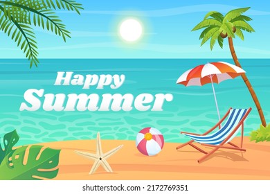 Happy summer background in flat cartoon design. Wallpaper with sea beach, blue water, lounger, umbrella, ball, starfish, palm and tropical leaves. Vector illustration for poster or banner template