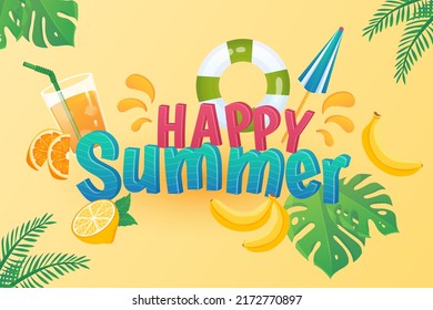 Happy summer background in flat cartoon design. Wallpaper with text and composition of lemonade, banana, orange, lemon, lifebuoy, tropical leaves. Vector illustration for poster or banner template