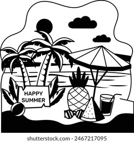 Happy Summer Banner with Fresh Fruits and parasol Near Ocean concept vector design, Nature and landscape postcard, Scenic Warm Season Vibes Sign, Idyllic Remote Beach stock illustration