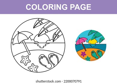 Happy summer beach holiday coloring page for kids activity