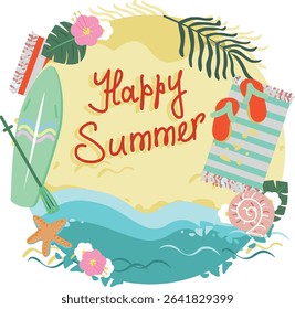Happy Summer Beach Scene with Surfboard, Flip-flops and Tropical Elements,  circle frame