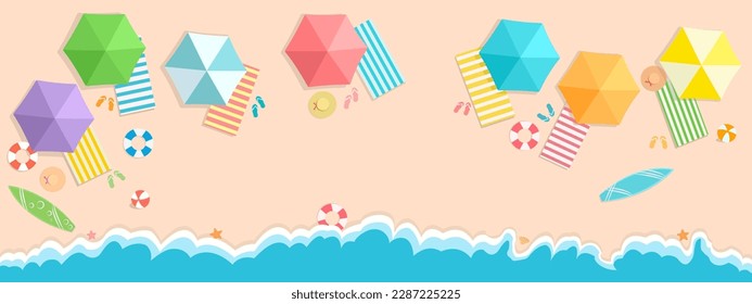 Happy summer beach sea banner vector illustration, top view colorful beach background with umbrella, mat, ball, swim ring, surfboard, hat, starfish, sell.  Aerial view bright life outdoor activity