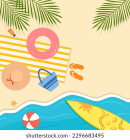 Schöne Sommer Strand Meer Vektorgrafik, Draufsicht bunter Strand Hintergrund mit Matte, Ball, Schwimmring, Surfbrett, Hut, Palmblätter, Sonnenschutz. Aeropräsentätigkeit im Freien