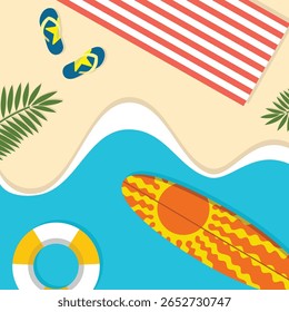 Fröhlicher Sommer Strand Meer Vektorgrafik, Draufsicht bunte Strand Hintergrund mit Matte, Ball, Schwimmring, Surfbrett, Hut, Palmblätter, Sonnenschutz. Luftaufnahme helles Leben im Freien Aktivität