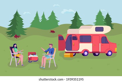 Happy summer camp. Having picnic in forest. Traveling by camping caravan, rv. Trailering. Outdoor holidays.Colourful vector illustration. 