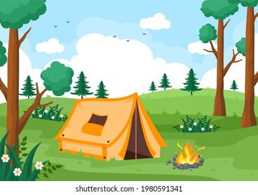 Feliz Campamento de Verano en la Montaña para Expedición, Viajes, Exploración y Recreación al Aire Libre. Ilustración de fondo horizontal