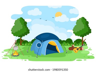 Happy Summer Camp in the Mountain for Expedition, Travel, Explore and Outdoor Recreation. Landscape Background Illustration
