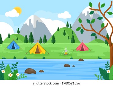 Happy Summer Camp in the Mountain for Expedition, Travel, Explore and Outdoor Recreation. Landscape Background Illustration
