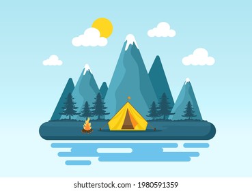 Happy Summer Camp in the Mountain for Expedition, Travel, Explore and Outdoor Recreation. Landscape Background Illustration