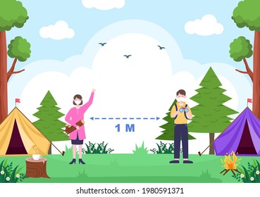 Happy Summer Camp in the Mountain for Expedition, Travel, Explore and Outdoor Recreation. Landscape Background Illustration