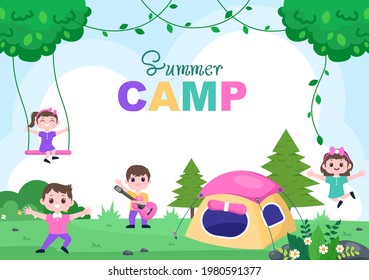 Feliz Campamento de Verano en la Montaña para Expedición, Viajes, Exploración y Recreación al Aire Libre. Ilustración de fondo horizontal