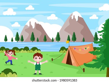 Happy Summer Camp in the Mountain for Expedition, Travel, Explore and Outdoor Recreation. Landscape Background Illustration