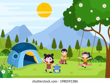 Happy Summer Camp in the Mountain for Expedition, Travel, Explore and Outdoor Recreation. Landscape Background Illustration