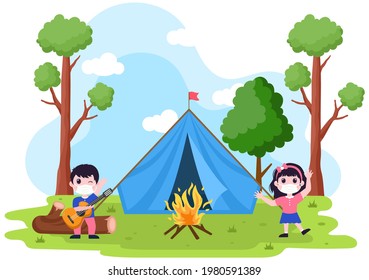 Frohe Sommerlager im Berg für Expedition, Reisen, Erkunden und Freizeit. Landschaftshintergrund-Illustration