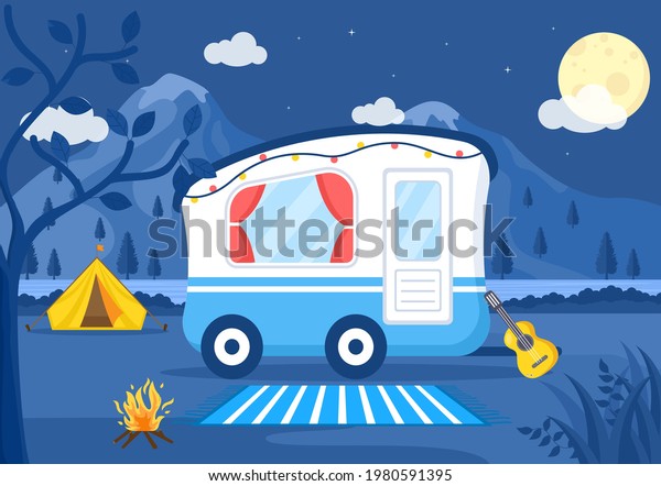 Happy Summer Camp in the Mountain for
Expedition, Travel, Explore and Outdoor Recreation. Landscape
Background Illustration