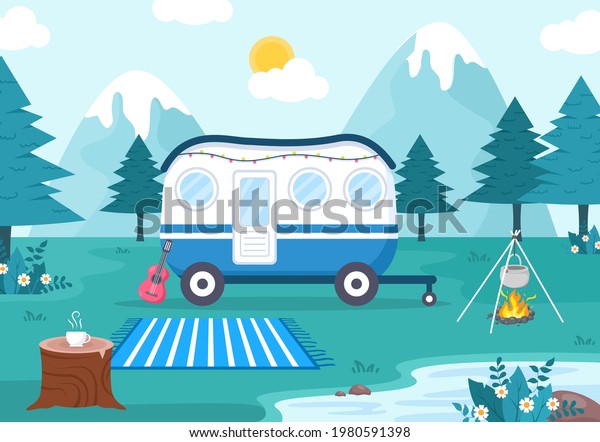 Happy Summer Camp in the Mountain for\
Expedition, Travel, Explore and Outdoor Recreation. Landscape\
Background Illustration