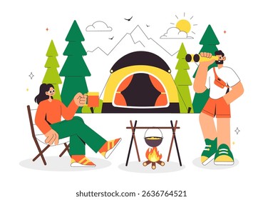 Happy Summer Camping Vector Illustration Featuring a Mountain or Forest Setting for Expedition, Travel, Exploration, and Outdoor Recreation Background
