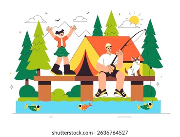 Happy Summer Camping Vector Illustration Featuring a Mountain or Forest Setting for Expedition, Travel, Exploration, and Outdoor Recreation Background