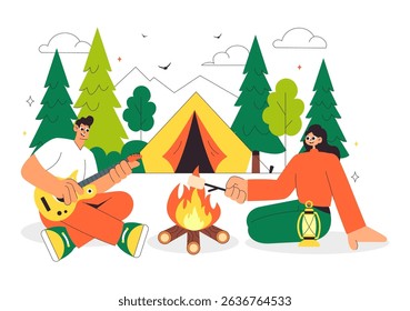Happy Summer Camping Vector Illustration Featuring a Mountain or Forest Setting for Expedition, Travel, Exploration, and Outdoor Recreation Background