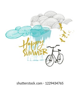 Happy summer card with clouds and bicycle in blue and mustard color 