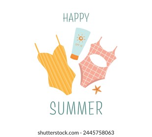 Feliz tarjeta de verano. Accesorios de playa de verano dibujados a mano sobre fondo blanco. Elemento de diseño de verano para póster, Anuncio, insignia, etiqueta, impresión, tarjeta, viaje. Bañador de verano y protector solar