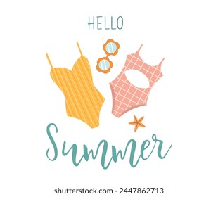 Happy summer card. Hand drawn summer beach accessories on white background. Summer design element for poster, banner, badge, label, print, card, travel. Summer swimwear and sunglasses