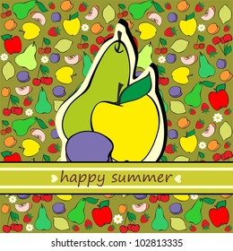 Happy Summer Card on healthy diet fruits Background