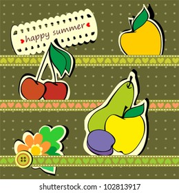 Happy Summer Card, Set of Fruits on Brown Background