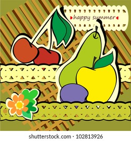 Happy Summer Card, Set of Fruits on Brown Background