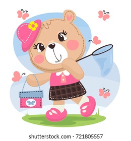 Happy summer, cartoon cute teddy bear wearing summer dress and hat holding butterfly catcher with butterflies isolated on white background illustration vector. 