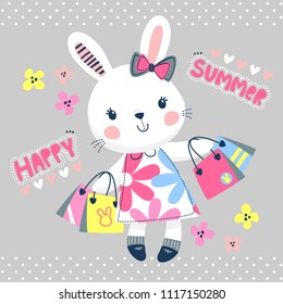 Happy summer with cartoon rabbit girl wearing dress and bow holding shopping bags  on gray background illustration vector.