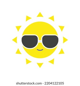 Happy summer Cheerful sun character with sunglasses in tropical island. Yellow smiling summer sun in glasses. Heat, hot, sunlight, vacation icon. Vector illustration filled outline style EPS 10