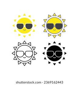 Happy summer Cheerful sun character with sunglasses in tropical island. Yellow smiling summer sun in glasses. Heat, hot, sunlight, vacation icon. Vector illustration Design on white background EPS 10