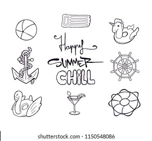 Happy summer chill letters illustration. Sea symbols black simple clean outline motives. Beach ball, anchor, flamingo, inflatable bed, cocktail, lifebelt, rudder, beach and sea unicorn illustration.