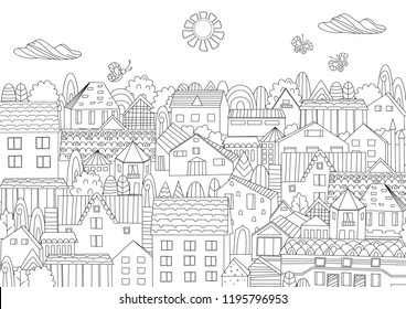 happy summer cityscape for your coloring book