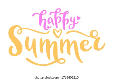 Happy summer colorful hand-written lettering. Vector typographic inscription isolated on white background. Creative design for card, t-shirt, web banner, social media or print.