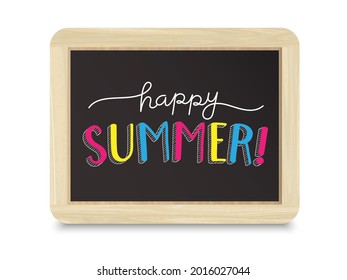 HAPPY SUMMER colorful vector hand lettering on mini blackboard on white background