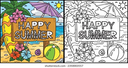 Happy Summer Coloring Page Colored Illustration